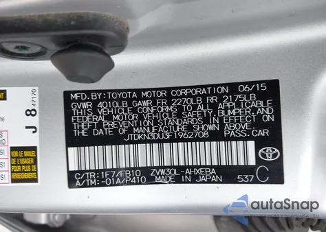 2015 Toyota Prius Two from USA, damaged, VIN JTDKN3DU3F1962708